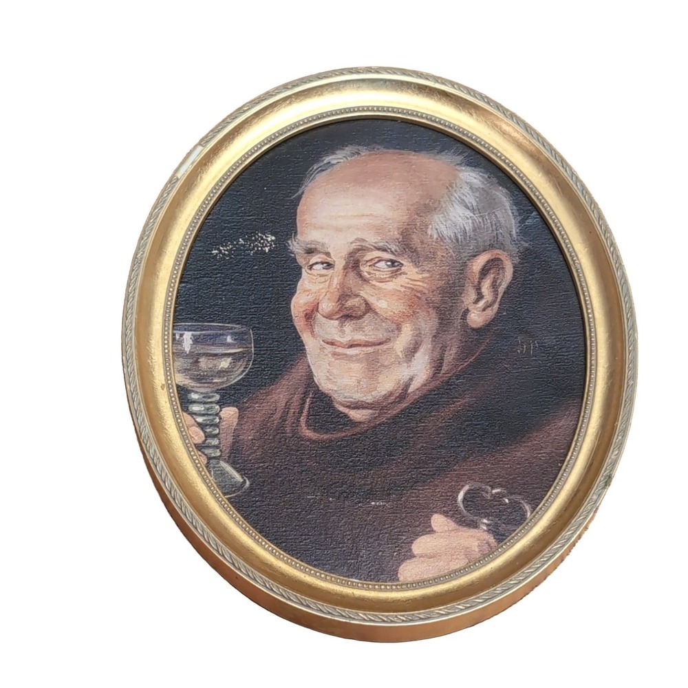 Woodcraftery Friar with Wine Wall Art SPITZ Vintage Gold Brown 10" Print Framed